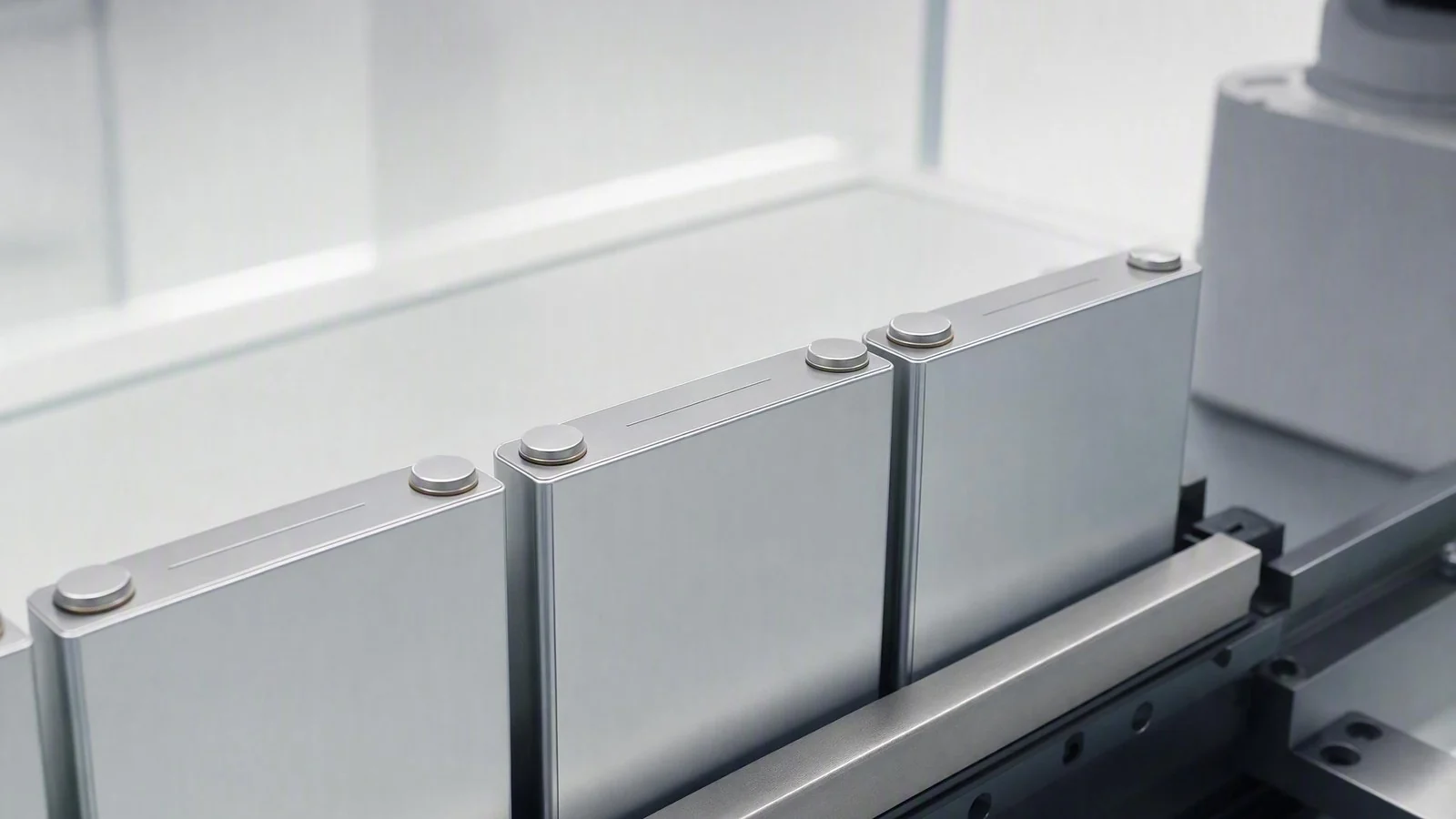 Prismatic battery cells on a conveyor under inline vision inspection